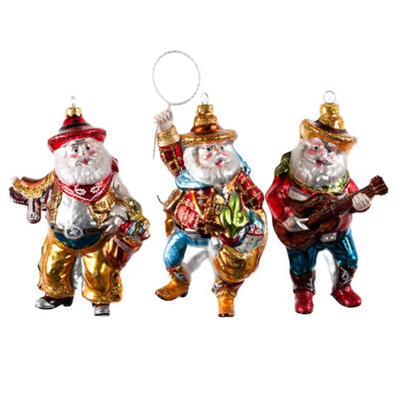Cowboy Santa Glass Ornaments Set of 3